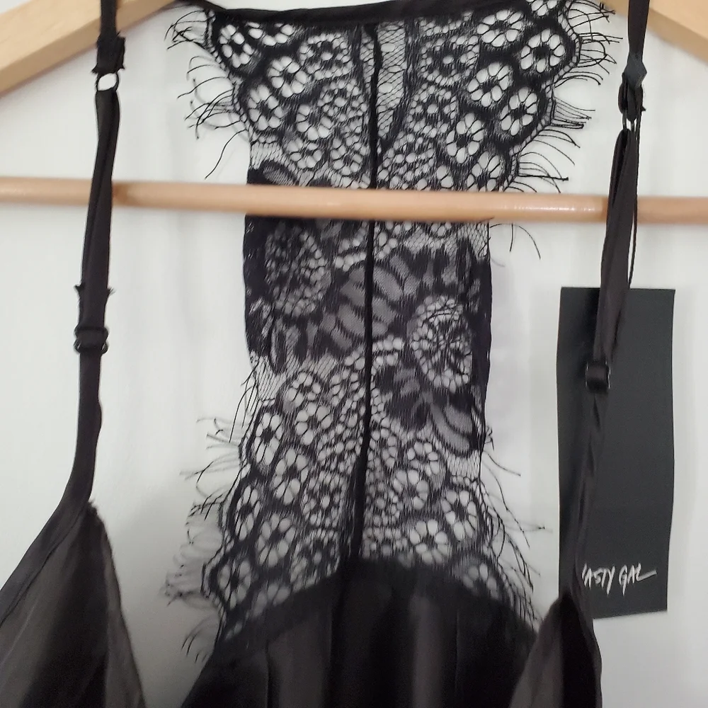 NWT NASTY GAL Sz M Black Silky Cami Top Spaghetti Straps Eyelash Lace T-Back Y2K - Picture 10 of 16